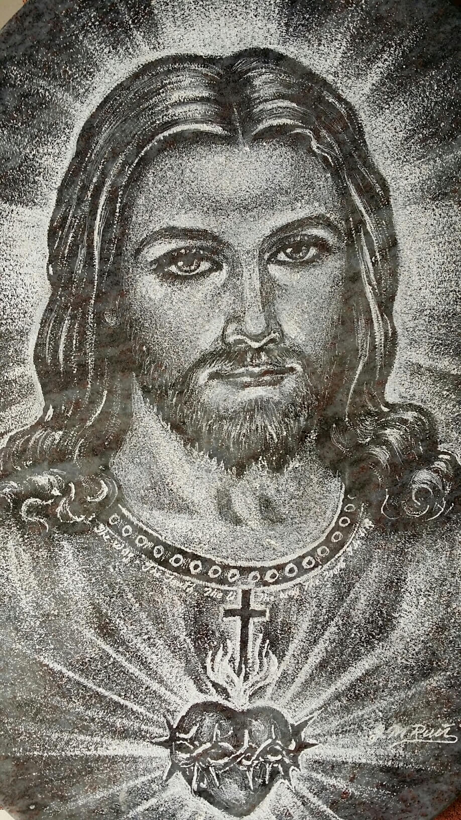 ETCHING – SACRED HEART OF JESUS ON JET BLACK – BY MANNY