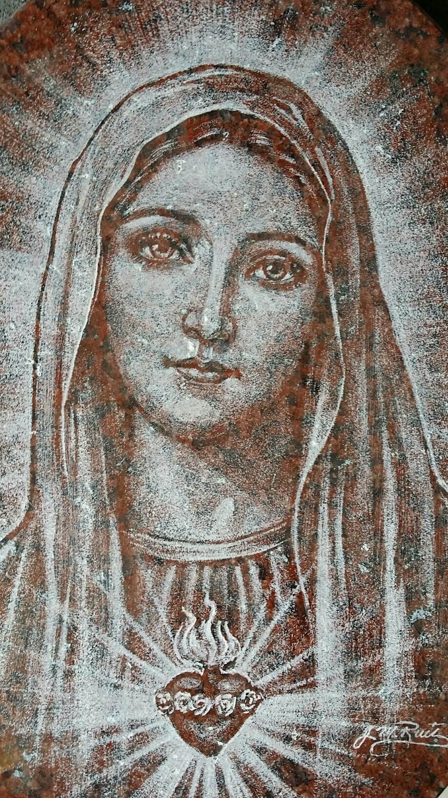 ETCHING – SACRED HEART OF MARY ON INDIA RED – BY MANNY